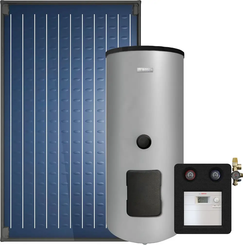 Solar-Kollektor mit blauer Oberfläche, kombiniert mit einem silbernen Warmwasserspeicher und einer Steuerungseinheit, alle mit Bosch-Branding.